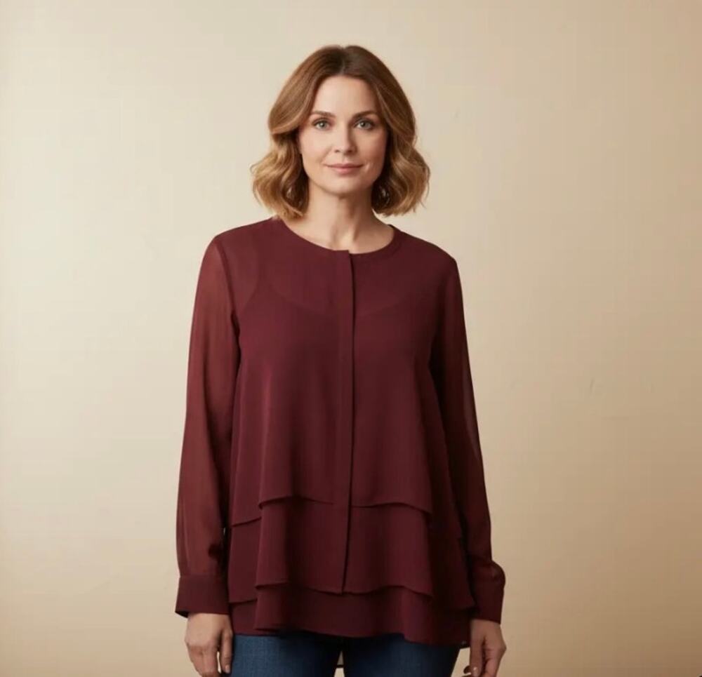 Soft Surroundings Women's Large Red Button Up Sheer Blouse Long Slve Silk Blend